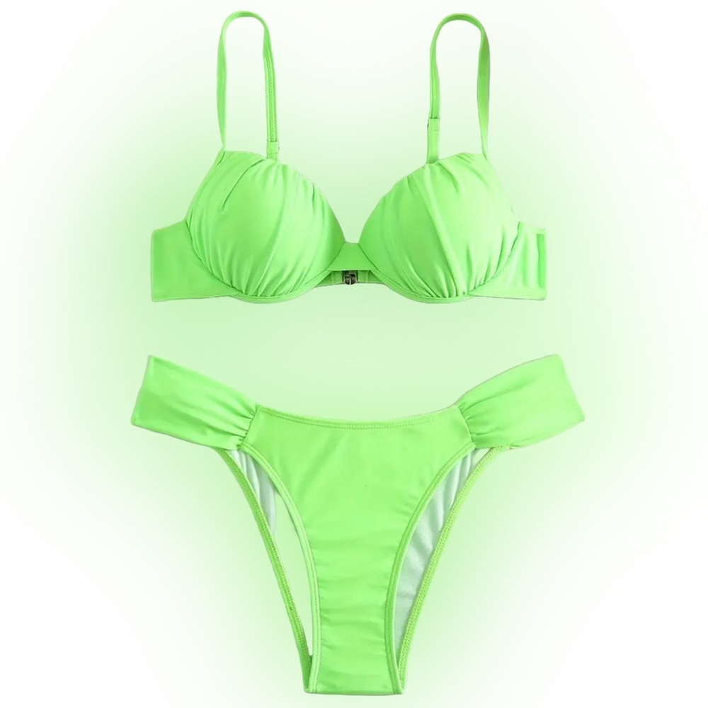 Fluorescent Green Push Up Ruched Bikini Set
